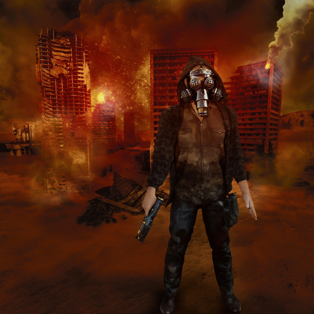 foto de um homem com máscara, portando uma arma e com a cidade queimando ao fundo