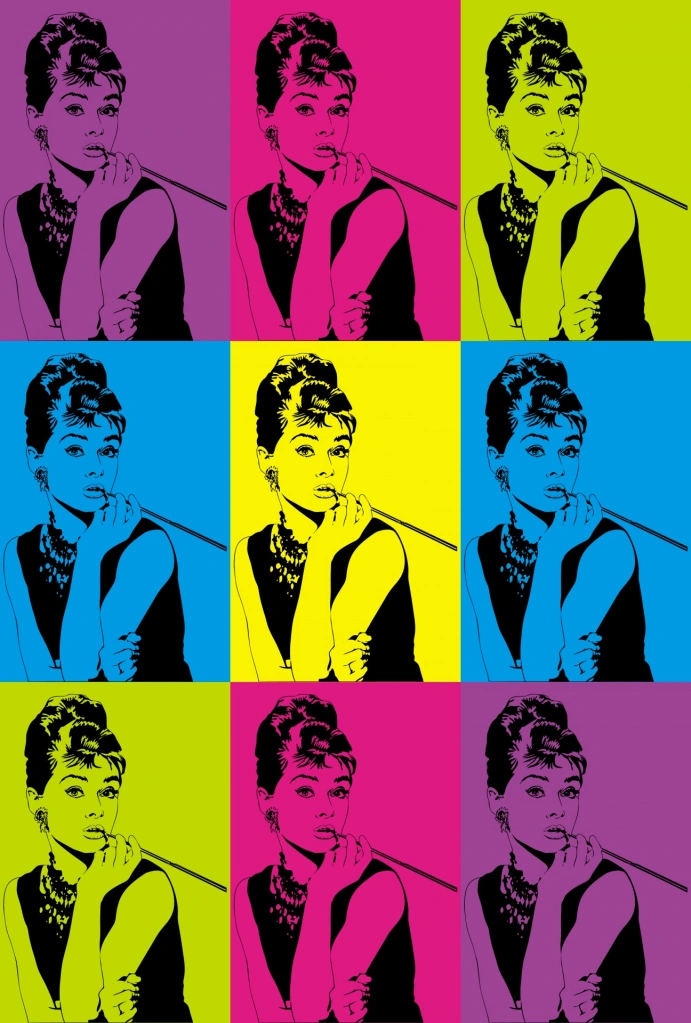 A arte mostra uma pop art com a atriz Audrey Hepburn.