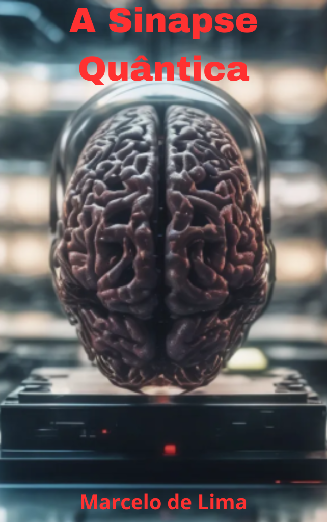 imagem mostra capa do conto a sinapse quântica, com um cérebro conectado a um computador